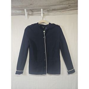 Talbots Navy Blue Button Up Cardigan‎ White Trim Women's XS Epaulettes Cotton